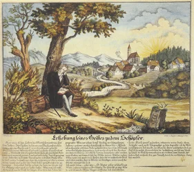 Elevation of His Spirit to the Creator, Devotional Image with Prayer Text, Colored Lithograph, before 1846